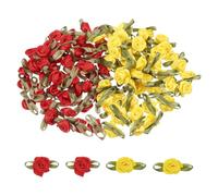 sourcing map 100 Pcs Rose Red/Yellow Powder Ribbon Roses 5/8" x1-3/16 Mini Roses for Sewing Appliques Crafts Little Satin Bows Artificial Flowers