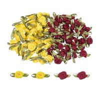 sourcing map 100 Pcs Rose Yellow/Burgundy Powder Ribbon Roses 5/8" x1-3/16 Mini Roses for Sewing Appliques Crafts Little Satin Bows Roses Artificial Flowers