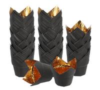 sourcing map 100 Pcs Tulip Baking Cups Cupcake Muffins Liners Aluminum Foil Paper Greaseproof Wrappers for Weddings Birthday Party Festivals Christmas, Gold/Black