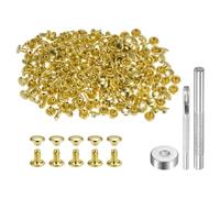 sourcing map 100 Sets Leather Rivets 6 x 6mm Metal Double Cap Rivet Snaps Studs Fasteners with 3pcs Setting Tools Rivets for Leather Craft DIY Repair Decoration, Gold Tone