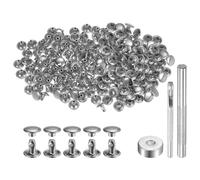 sourcing map 100 Sets Leather Rivets 6 x 8mm Metal Double Cap Rivet Snaps Studs Fasteners with 3pcs Setting Tools Rivets for Leather Craft DIY Repair Decoration, Silver Tone