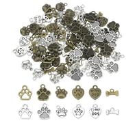 sourcing map 100Pcs 5 Styles Dog Paw Print Charms, Alloy Stripe Style Heart Shape Animal Footprint Pendant Dog Bone Shaped Charms Hollow Dogs Charm for Jewelry Making, Cyan/Silver