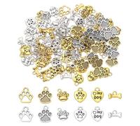 sourcing map 100Pcs 5 Styles Dog Paw Print Charms, Alloy Stripe Style Heart Shape Animal Footprint Pendant Dog Bone Shaped Charms Hollow Dogs Charm for Jewelry Making, Silver/Ancient Gold