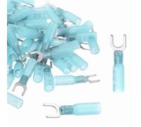 sourcing map 100pcs Heat Shrink Fork Spade Wire Connectors #10" Insulated U-Type Electrical Wire Connector Tinned Copper Spade Crimp Fork Terminal 16-14 Gauge for Electrical Industrial, Blue