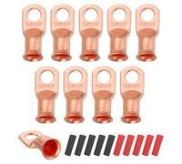 sourcing map 10pcs 1/0 AWG M10 Battery Lugs Ring Terminals, 3/8" 10mm Stud Crimp Wire Terminal Connector End Copper, 3:1 Heat Shrink Tubing, Gold