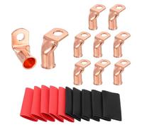sourcing map 10pcs 2/0 Awg 90° Bent Copper Lugs Battery Cable Ends, 2/0 Gauge 3/8" Stud Battery Lugs Ring Terminal Connector with 10pcs 3:1 Black & Red Heat Shrink Tubing