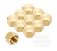 sourcing map 10Pcs Brass Blanking Cap, Female Stop Cap Hex Head Plug,3/8" Hex Thread Pipe Fitting Flare Tubing Ends Sealing with Gasket for Air Conditioner, Water, Gold