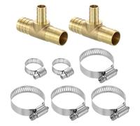 sourcing map 10pcs Brass Tee Barb Fittings, 3-Ways Tee 3/4" x 1/2" x 3/4" Barbed Hose Reducer, Tee Brass Barb Fitting Reducer with 30pcs Hose Clamps for Water Fuel Air
