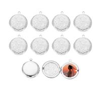 sourcing map 10Pcs Custom Photo Locket Charm, Copper Retro Round Engraved Flower Picture Locket Pendants for Women Men DIY Memorial KeyChains Necklace Bracelet Jewelry Making, Silver Tone