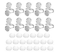 sourcing map 10Pcs Metal Ring Base Blank, 12mm Adjustable Cabochon Blank Base Flat Ring Bezel Tray with 20Pcs Clear Glass Cabochon for Jewelry Making DIY(Light Silver)
