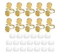 sourcing map 10Pcs Metal Ring Base Blank, 12mm Adjustable Cabochon Blank Base Flat Ring Bezel Tray with 20Pcs Clear Glass Cabochon for Jewelry Making DIY Carvings (Grold)