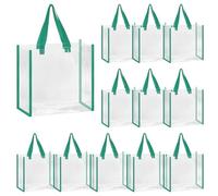 Sourcing Map 12 Pack Dark Green Tote Bags, 12" x 6" x 12" Reusable Plastic Tote Bags with Handles PVC Stadium Approved Clear Bags Beach Bag Transparent for Work Stadium Events
