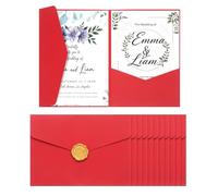 sourcing map 12 Pcs A7 Invitation Pocket Envelopes with Gold Sealing Wax Sticker 5x7 Tri-fold Wedding Invitation Cards for Wedding Birthday Anniversary Graduation Invite Pocket, Red