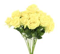 sourcing map 12 Pcs Pale Yellow Roses Artificial Flowers, Velvet Rose Real Touch Fake Roses with Stems for Home Decor Wedding Bouquet Hotel Office Decor