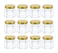 sourcing map 12pcs Hexagon Glass Honey Jars 2oz Small Mini Honey Jar Container with Gold Lids for Wedding Party Favors Bridal Shower
