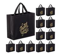 sourcing map 12pcs Reusable Gift Bags, Black Tote Glossy Grocery Shopping Bag with Handles for Birthday Parties, Wedding, Christmas - 13"x10.6"x5.1"/ Gold Words