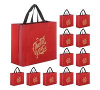 sourcing map 12pcs Reusable Gift Bags, Red Tote Glossy Grocery Shopping Bag with Handles for Birthday Parties, Wedding, Christmas - 13"x10.6"x5.1"/ Gold Words