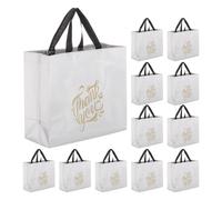 sourcing map 12pcs Reusable Gift Bags, Silver Tote Glossy Grocery Shopping Bag with Handles for Birthday Parties, Wedding, Christmas - 13"x10.6"x5.1"/ Gold Words