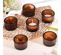 sourcing map 12Pcs Tealight Candle Holder, Glass Round Ribbed Votive Candle Holder for Table Centerpiece, Home Decor Wedding Birthday Valentine's Party Supplies, Amber