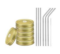 sourcing map 13pcs Stainless Steel Mason Jar Lids with Straw Hole, 70mm Metal Canning Lid Mason Storage Covers Caps with Silicone Ring/Straws/Cleaning Brush Gold