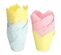 sourcing map 150Pcs Tulip Baking Cups Cupcake Muffins Cake Liners Paper Greaseproof Wrappers for Wedding Birthday Party Festivals Christmas (3.1" x 2", Light Blue/Light Yellow/Pink)