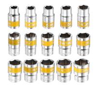 sourcing map 15pcs 1/2" Drive 6 Points Socket 10-27mm Metric Shallow Impact Socket CR-V Steel Flip Socket Spindle Axle Nut Impact Socket for Home Auto Hex Nuts Bolts Repair, Silver Yellow