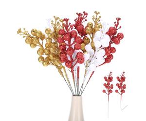 sourcing map 15Pcs Christmas Glitter Berries Stems, 9 Inch Artificial Berry Picks for Christmas Tree Ornaments Holiday Wedding DIY Wreath Crafts Decoration(Red,Gold,Pure White)