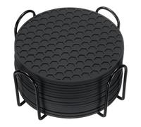 sourcing map 16 Pcs Silicone Coasters with Holder, 4 Inch Round Coaster for Drink, Non-Slip Non-Stick Heat Resistant Place Mats Washable for Cups Tabletop Protection Table Decor, Black