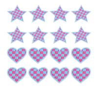 sourcing map 16 Pcs Star Heart Checkered Iron On Patches Blue Pink Embroidered Badge Garment Set for Jacket Denim Patches Collection Clothes Dress Hats Jeans DIY Accessory