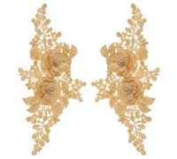 sourcing map 2 Pack 3D Flower Lace Applique with Rhinestone, 27.5x12.5 cm Lace Embroidery Patches Sew on Embroidered Floral Appliques for Wedding Sewing Dresses Clothes Bags DIY, Gold