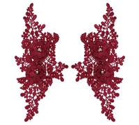 sourcing map 2 Pack 3D Flower Lace Applique with Rhinestone, 27.5x12.5 cm Lace Embroidery Patches Sew on Embroidered Floral Appliques for Wedding Sewing Dresses Clothes Bags DIY, Wine Red