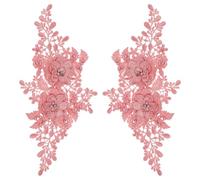sourcing map 2 Pack 3D Flower Lace Applique with Rhinestone, 27.5x12.5 cm Lace Embroidery Patches Sew on Embroidered Floral Appliques for Wedding Sewing Dresses Clothes Bags DIY, Pink