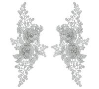 sourcing map 2 Pack 3D Flower Lace Applique with Rhinestone, 27.5x12.5 cm Lace Embroidery Patches Sew on Embroidered Floral Appliques for Wedding Sewing Dresses Clothes Bags DIY, Silver Gray