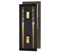 sourcing map 2 Pairs Stainless Steel Chopsticks, 23.5cm / 9.25" Metal Chop Sticks Square Lightweight Chopsticks Tableware Accessories Set for Home Hot Pot Cook, Black Gold with Gold Holder