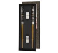 sourcing map 2 Pairs Stainless Steel Chopsticks, 23.5cm / 9.25" Metal Chop Sticks Square Lightweight Chopsticks Tableware Accessories Set for Home Hot Pot Cook, Black Gold with Silver Holder