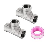 sourcing map 2 Pcs 304 Stainless Steel Tee Pipe Fittings G3/8" Female Tee Adapter 3 Way t Shaped Cast Pipe Fitting Connector with Seal Tape for Plumbing Drainage Pipes Heating Systems