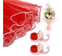 sourcing map 2 Pcs 4 Yards Flower Wrapping Mesh Paper Pearl Edge Bouquet Floral Packaging Paper with Organza Ribbon for Valentine's Day Wedding Birthday Florist Supplies, Bright Red