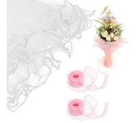 sourcing map 2 Pcs 4 Yards Flower Wrapping Mesh Paper Pearl Edge Bouquet Floral Packaging Paper with Organza Ribbon for Valentine's Day Wedding Birthday Florist Supplies, White/Light Pink