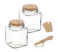 sourcing map 2 Pcs 8.4 oz/280ML Square Bottle Shaped Glass Jars With Cork Stoppers, Clear Message Wishing Bottle with Twine and Blank Tags for Halloween Decorations, Wedding Shower Favors