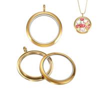 sourcing map 2 Pcs Living Memory Locket Charm, 18mm Round Floating Locket Pendants Stainless Steel Clear Glass Photo Charm for Women Necklace DIY Crafts Making Decoration, Gold