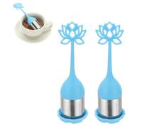 sourcing map 2 Pcs Lotus Tea Infuser, Stainless Steel Loose Leaf Tea Steeper Filter with Silicone Handle Reusable Thin Pores Mesh Strainer Diffuser for Teacups Teapots Mugs, Blue