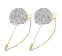sourcing map 2 Pcs Rose Lapel Pin for Men Suits, Cloth Flower Brooch Handmade Boutonnieres with Gold Leaf/Chain for Suit Accessories Bridegroom Wedding, Silver Grey