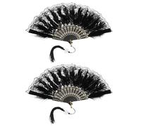 sourcing map 2 Pcs Vintage Folding Fan, Embroidered Flower Marabou Feather Fans 20s Vintage Style Handheld Folding Fan for Dancing Wedding Show Party Tea Party Occasions, Black(Lace)