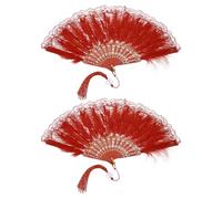 sourcing map 2 Pcs Vintage Folding Fan, Embroidered Flower Marabou Feather Fans 20s Vintage Style Handheld Folding Fan for Dancing Wedding Show Party Tea Party Occasions, Red(Lace)