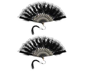 sourcing map 2 Pcs Vintage Folding Fan, Embroidered Flower Marabou Feather Fans 20s Vintage Style Handheld Folding Fan for Dancing Wedding Show Party Tea Party Occasions, Black(Lace)