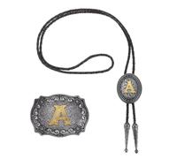 sourcing map 2 Pcs Western Cowboy Bolo Tie and Belt Buckle Set Golden Initial Letter A Cowhide Rope Necktie for Women Men Costume Traditional Vintage Accessories, Grey Black/Gold