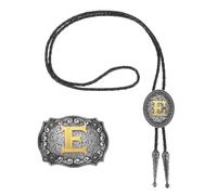 sourcing map 2 Pcs Western Cowboy Bolo Tie and Belt Buckle Set Golden Initial Letter E Cowhide Rope Necktie for Women Men Costume Traditional Vintage Accessories, Grey Black/Gold