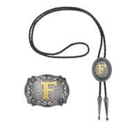 sourcing map 2 Pcs Western Cowboy Bolo Tie and Belt Buckle Set Golden Initial Letter F Cowhide Rope Necktie for Women Men Costume Traditional Vintage Accessories, Grey Black/Gold