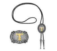 sourcing map 2 Pcs Western Cowboy Bolo Tie and Belt Buckle Set Golden Initial Letter T Cowhide Rope Necktie for Women Men Costume Traditional Vintage Accessories, Grey Black/Gold