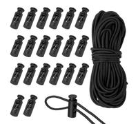 sourcing map 20 Pcs Plastic Cord Locks & 5M/16 ft Elastic Cord, Double-Hole Toggles for Drawstrings End Stopper Fastener Slider Toggles Clip for Shoelaces Backpacks Replacement, Black